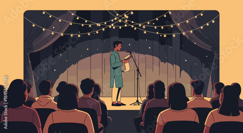 A person stands on a stage reading from a paper, illuminated by string lights, while an audience watches from the seats below.