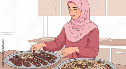 A smiling woman in a pink hijab carefully arranging a variety of freshly baked cookies on large round trays in a bright kitchen.