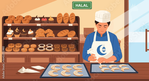 A baker in a halal bakery decorates crescent-shaped cookies with icing, surrounded by baked goods.