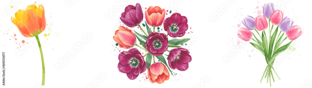 custom made wallpaper toronto digitalA trio of tulip arrangements showcasing vibrant colors and delicate floral designs in a watercolor style on transparent background