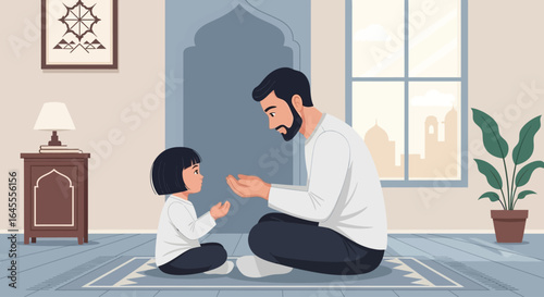 Muslim father and child in prayer, demonstrating religious devotion in a home setting.