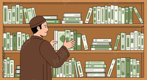 Man in traditional clothing selecting a book from a well-stocked bookshelf.
