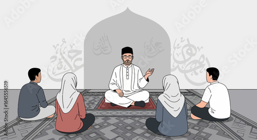 An Islamic scholar in traditional attire teaches a group of male and female students in a mosque.
