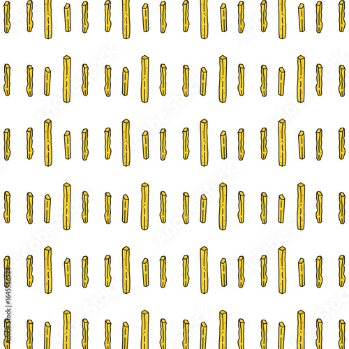 Seamless pattern of cartoon-style French fries on a white background. Fun and playful fast food design, perfect for packaging