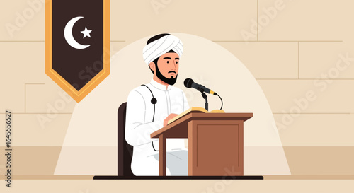 An Islamic scholar in a white turban and traditional clothing delivering a sermon from a podium with a microphone.