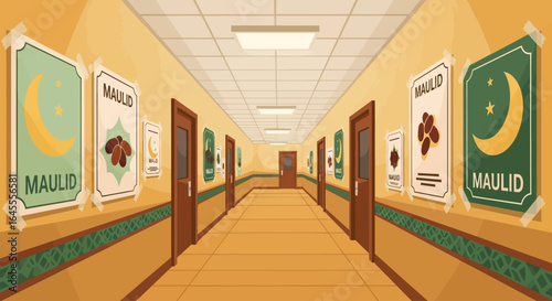 Islamic school hallway decorated with Mawlid posters.