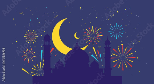 A festive illustration of a mosque silhouette with a crescent moon and colorful fireworks celebrating Eid.