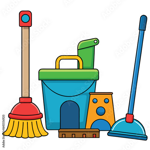 Colorful cartoon toy cleaning set with broom, bucket, and mop isolated on a white background.
