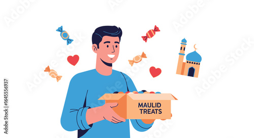 A smiling man holds a box of 'Maulid Treats' for the Islamic celebration, with a mosque, hearts, and candy.