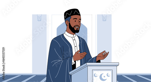 An illustration of a Black Muslim Imam delivering a sermon from a podium inside a mosque.