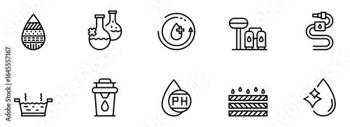 Water purification system icons:  Clean water technology,  pH balance,  filtration,  chemical analysis,  industrial process,  modern minimalist line art style,  for website or app design.