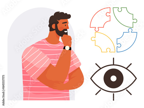 Man thinking deeply, colorful puzzle pieces symbolizing brainstorming, and an eye icon for vision. Ideal for problem-solving, analysis, innovation, creativity, strategy, focus decision-making