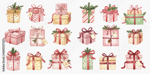 A collection of watercolor Christmas gift boxes with festive ribbons, bows, and pine sprigs.
