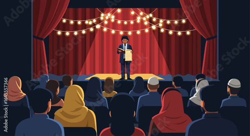 A speaker on a brightly lit stage with red curtains presents to a diverse crowd in an auditorium.
