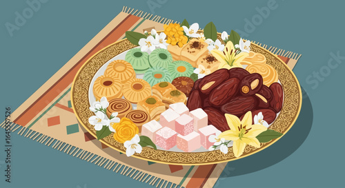 A vibrant platter overflowing with assorted Middle Eastern sweets, dates, and delicate flowers, artfully arranged on a decorative mat.
