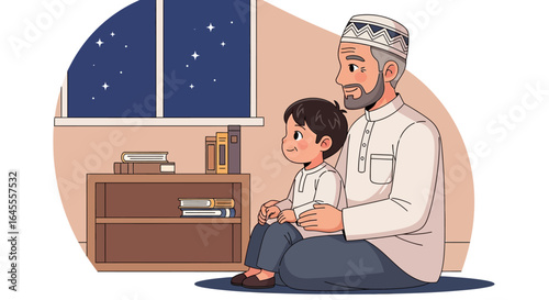 A grandfather and grandson sit together, looking out a window at a starry night sky, sharing a quiet moment of connection and wonder.