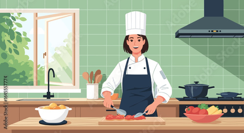 A female chef expertly chops fresh red vegetables on a wooden board in a bright, modern kitchen filled with produce.
