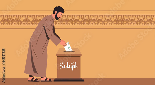A man in traditional attire placing a donation into a wooden charity box.