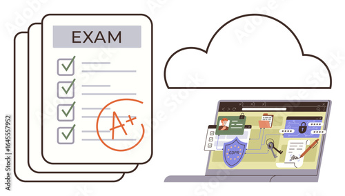 Stack of exam papers graded A, cloud graphic, and laptop with secured online platform. Ideal for education, e-learning, online tests, data security, cloud storage, academic growth modern technology