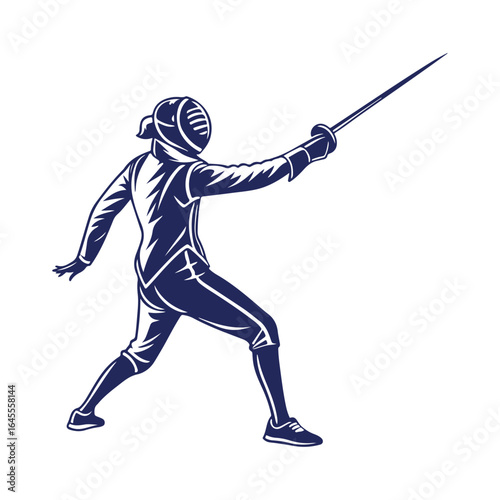 Fencing Sport Vector Illustration. Fencer in Mask and Protective Gear Holding Sword Isolated on White Background