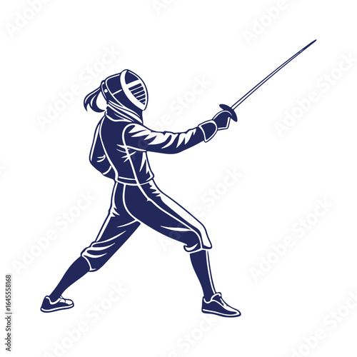 Fencing Sport Vector Illustration. Fencer in Mask and Protective Gear Holding Sword Isolated on White Background