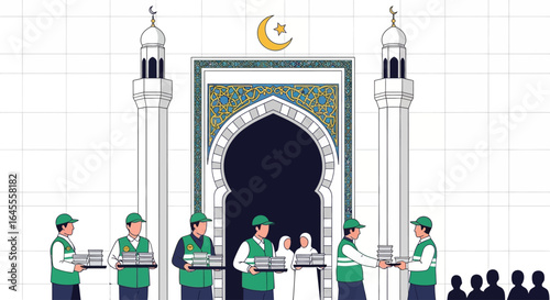 Men in green vests distribute books to a crowd in front of a mosque with a crescent moon symbol.