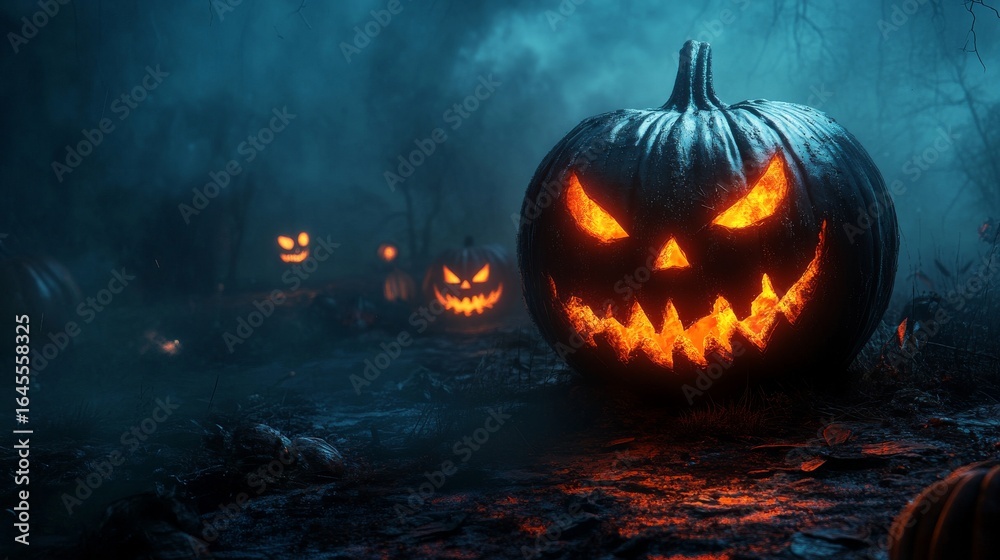 Naklejka premium Glowing Jack-o’-Lantern in Foggy Forest for Halloween Night