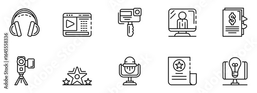 Content creation icons:  Modern line art style depicting video production, podcasting, online marketing, and monetization strategies for a successful digital business.