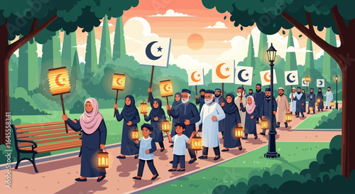 A group of people in traditional clothing, carrying lanterns, walk through a park at sunset, holding crescent moon banners.
