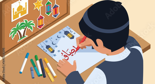 Boy drawing Ramadan themed artwork at a desk with markers, featuring lanterns, stars, moons, and Arabic script.