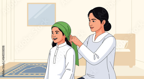 Mother lovingly helps her daughter tie a hijab, preparing for prayer or a special occasion.