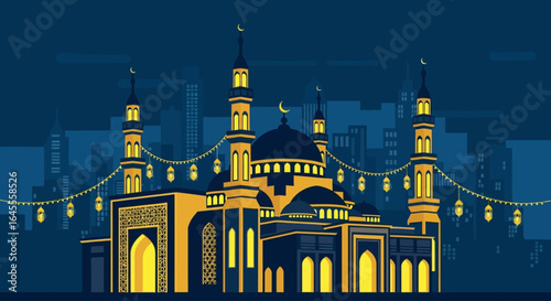 Illuminated mosque at night, cityscape backdrop, Ramadan lanterns.