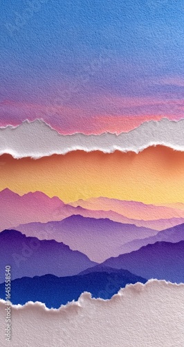 Torn paper reveals a layered, pastel mountain range at sunset, creating a dreamy, ethereal landscape