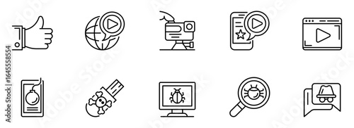 Line art icons: global video streaming, social media engagement, cybersecurity threats, and online security monitoring.  Modern, minimalist design.