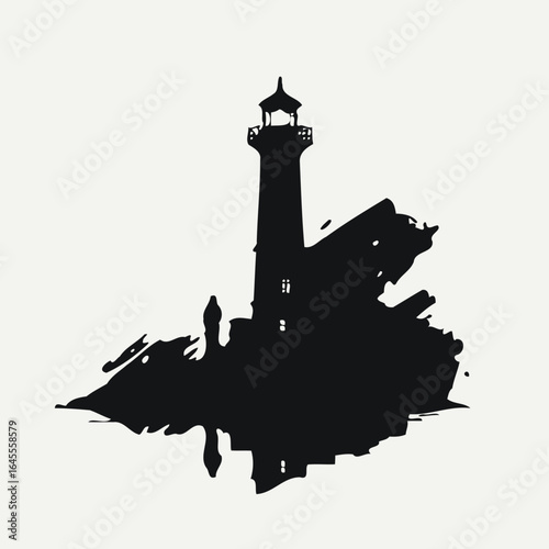 Lighthouse silhouette, decaying ruins, solitary figure.
