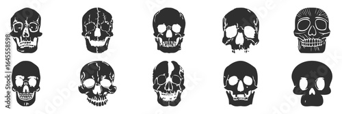 Nine stylized skulls in a grid pattern.