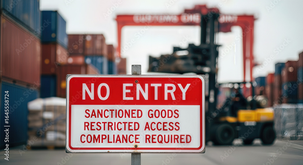 Obraz premium Sanctioned Goods No Entry Sign at Port for Trade Compliance, Economic Restrictions Awareness, Import/Export Regulations, and International Business Compliance