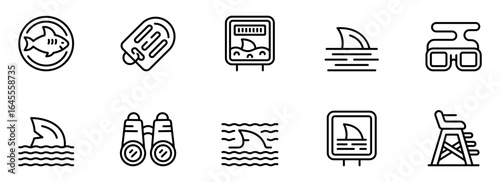 Shark Fin Warning Signs:  Bold Line Art Icons Set for Beach Safety, Ocean Awareness, and Coastal Security Applications.