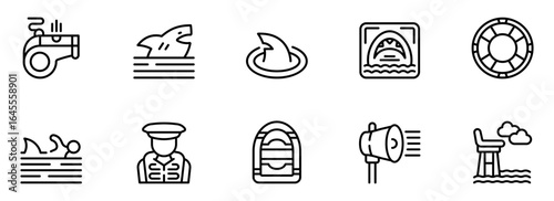 Ocean safety line icons:  shark warning, life preserver, whistle, lifeguard, boat, megaphone, and beach alert symbols for website, app, or infographic design.