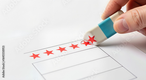 Hand Erasing Red Stars with Rubber for Removing Negativity, Eliminating Problems, Correcting Errors, and Websites About Self-Improvement and Positive Mindset