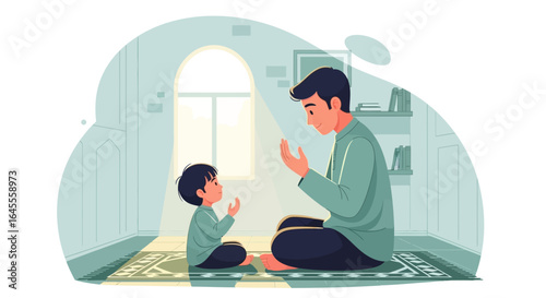 An illustration of a Muslim father teaching his young son how to perform Salah, the Islamic prayer, at home.