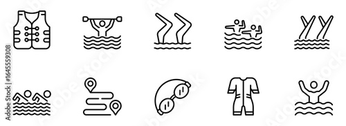 Line art icons: water sports, swimming, safety gear, and aquatic activities;  simple, minimalist style;  clean, modern mood.
