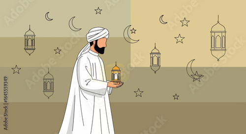 Man in traditional Arab clothing holding a lantern, with crescent moons, stars, and lanterns in the background.