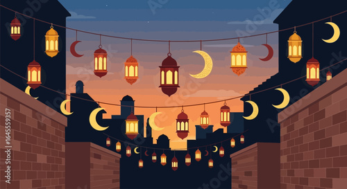 Festive Ramadan street illuminated by hanging lanterns and crescent moons against a twilight sky.