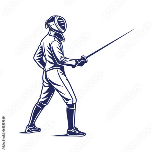 Fencing Sport Vector Illustration. Fencer in Mask and Protective Gear Holding Sword Isolated on White Background
