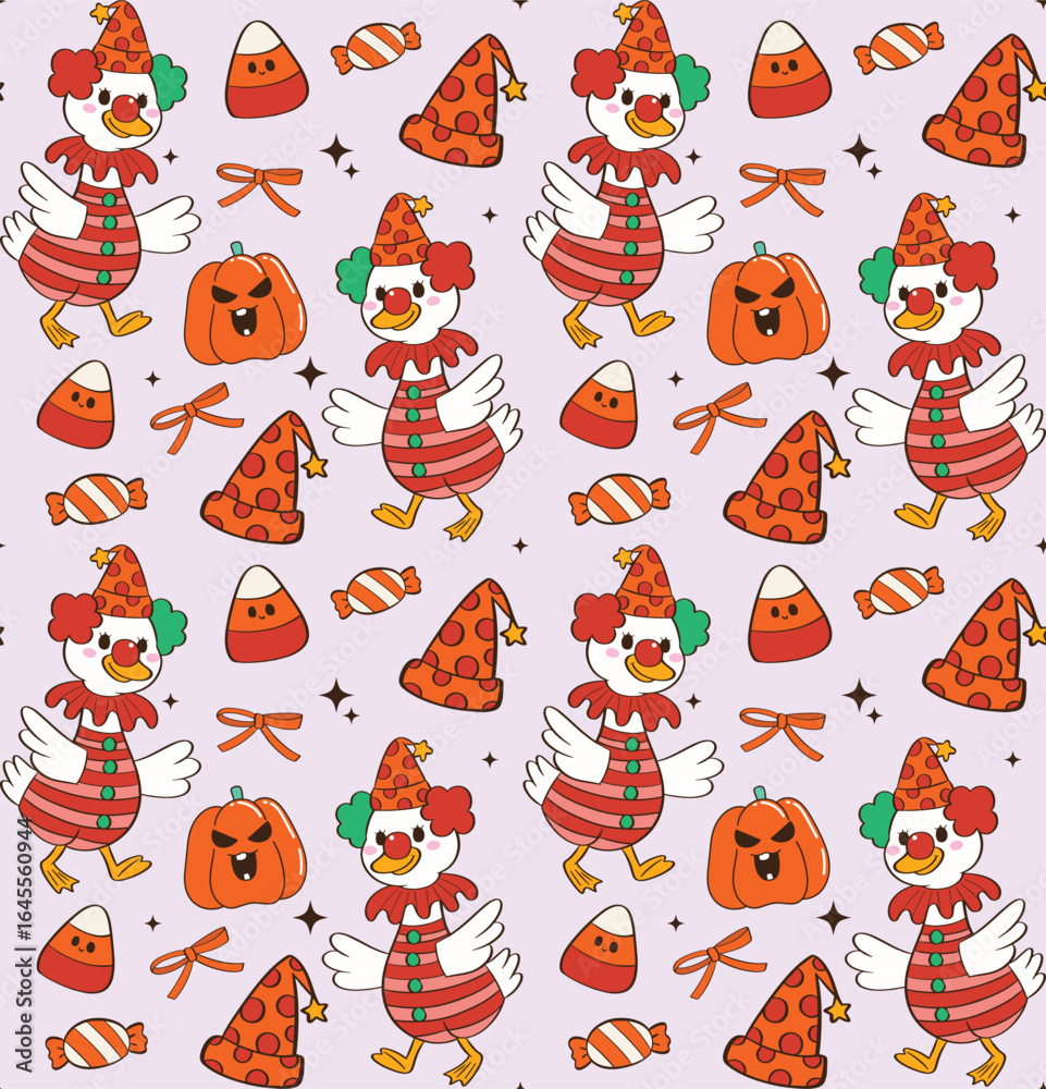 Fototapeta premium Clown Goose Halloween Candy Seamless Pattern