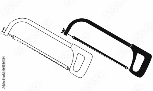 vector illustration,icon set of hacksaw icons in outline and silhouette,solid style, featuring frame, blade, and handle, ideal for metal cutting, carpentry, DIY, tool, construction, and repair vector 
