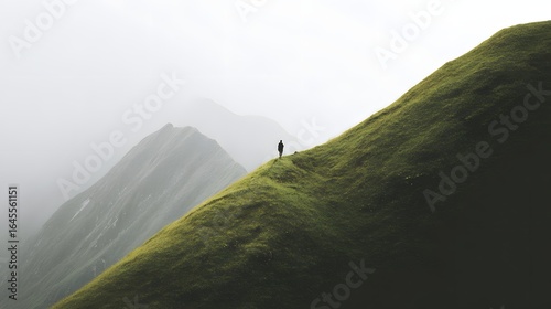 A solitary figure ascends a grassy hill in a misty mountain landscape.