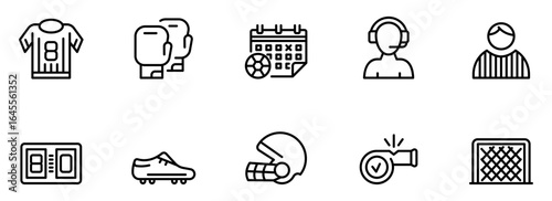 Sports Icons:  Clean Line Art Graphics of Jersey, Gloves, Calendar, Referee, Scoreboard, Cleats, Helmet, Whistle, and Goal;  Perfect for Website, App, or Game Design.
