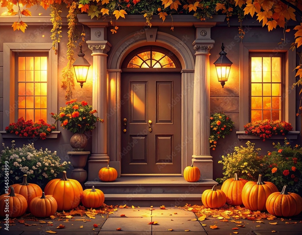 Obraz premium Festive fall entryway with pumpkins
